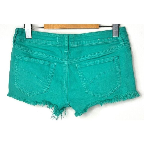 Bullhead Jean Shorts Cut Offs Women Size 5 Green Low Rise Stretch Denim Frayed - Picture 2 of 11